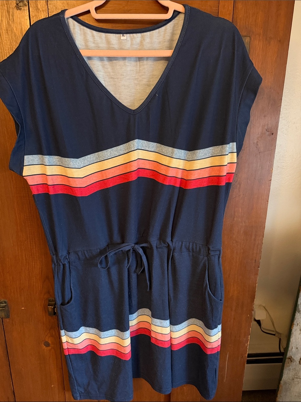 Kids Navy One-Piece Dress with Rainbow Stripes